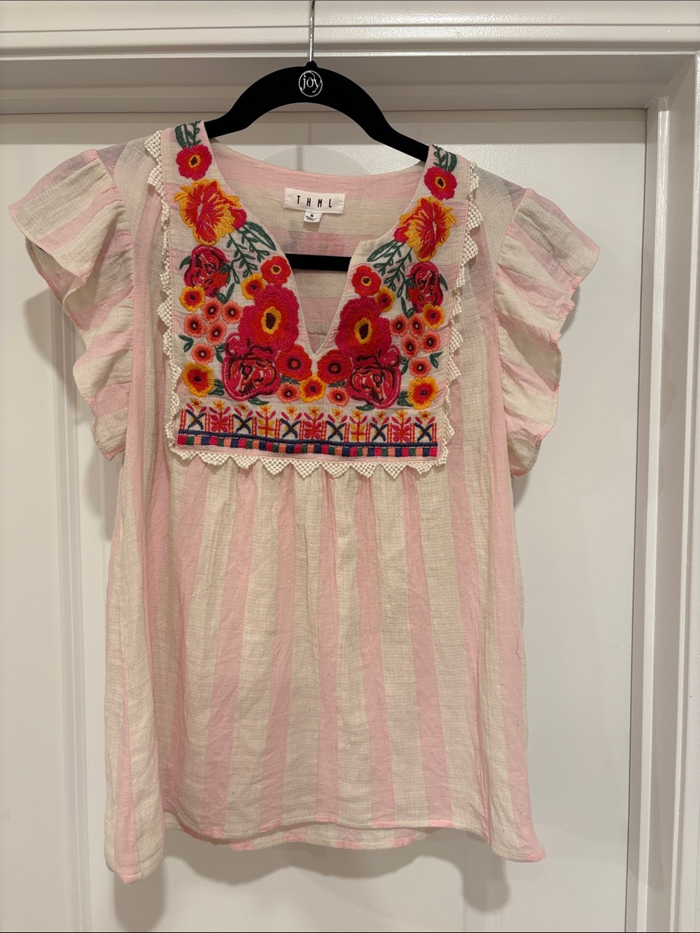 Pink Embroidered Flutter Sleeve Top